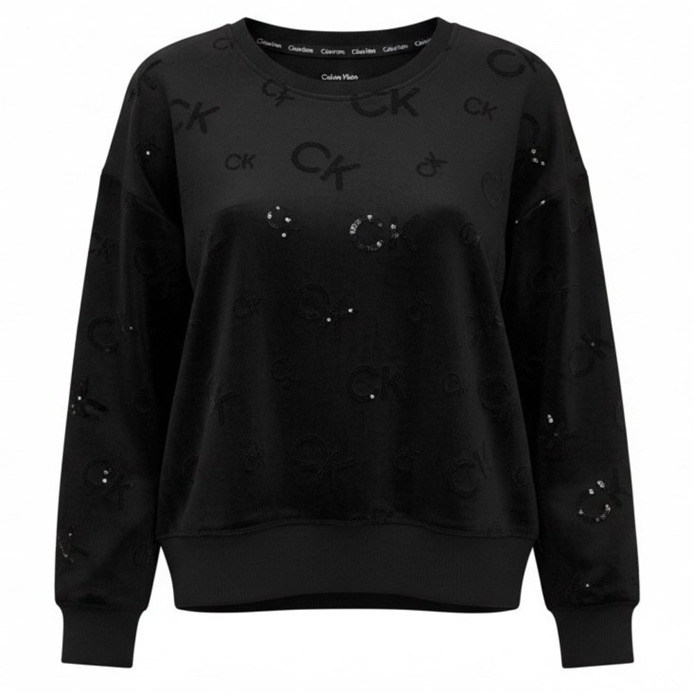 Calvin Klein‎ Black Sequin Logo Velvet Crewneck Sweatshirt Women L G G